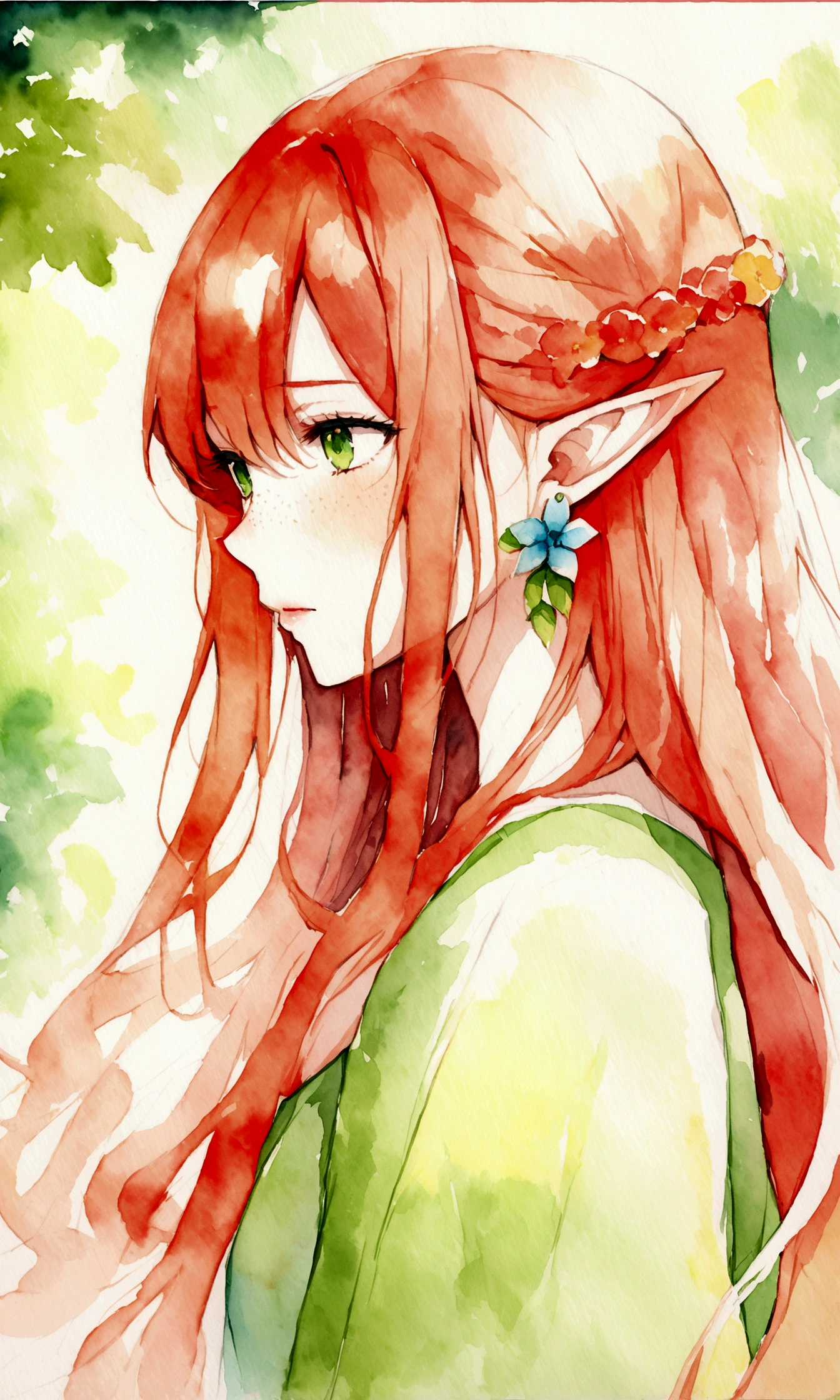 (watercolor: 1.2), elf princess, flower, freckles, bangs, redhead, long hair, green eyes, hair between eyes, flower earrings, blurred background, high resolution