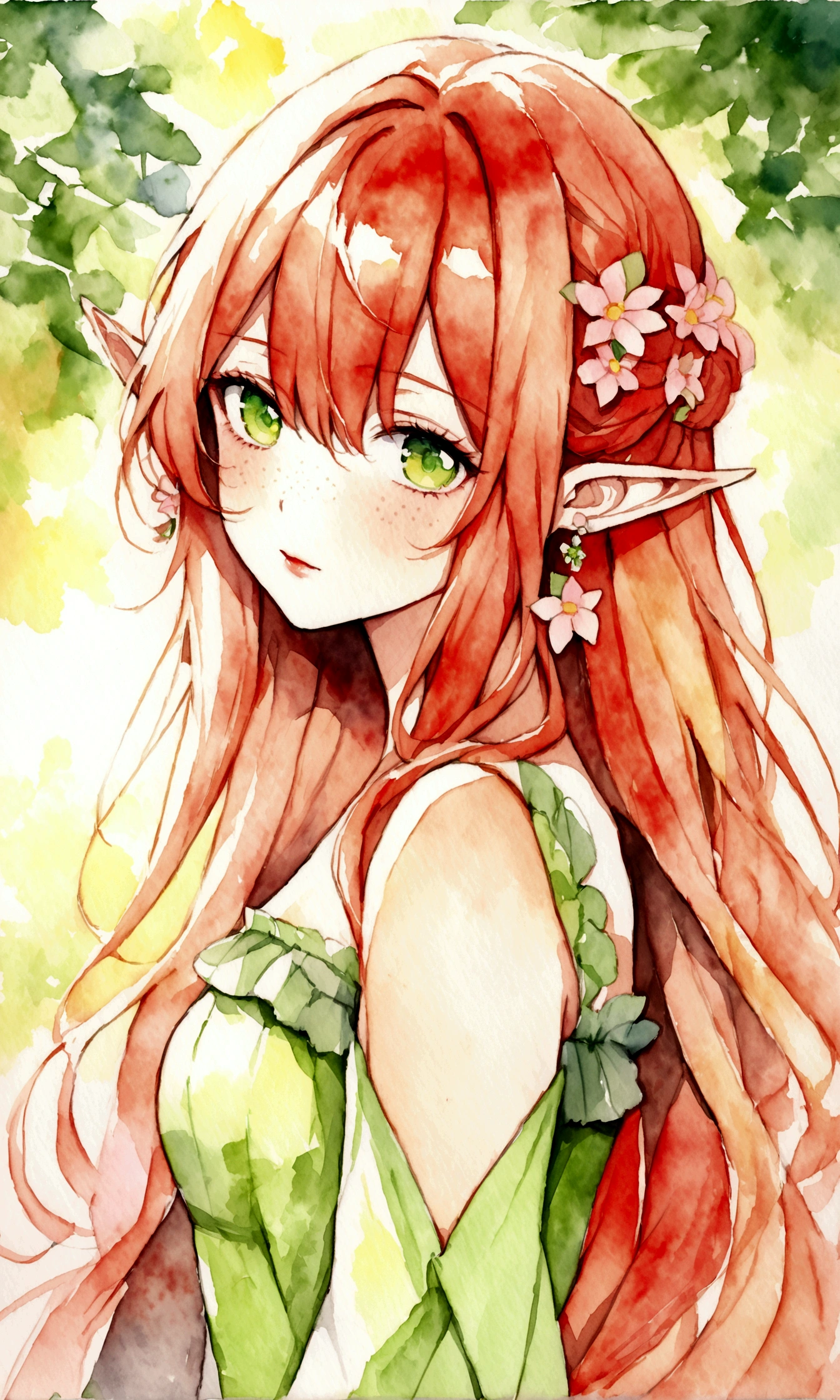 (watercolor: 1.2), elf princess, flower, freckles, bangs, redhead, long hair, green eyes, hair between eyes, flower earrings, blurred background, high resolution  
