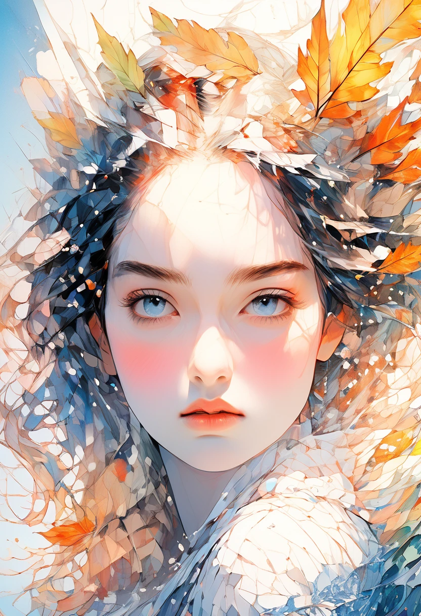 Soft and warm colors, Movie stills,bright, Vivid,dream-like, evocinive use of light and shadow, Incredible beauty, Anime Style, Vibrant, Studio Anime, beautiful, Textured, Ray Tracing, Absurd, Official Art, illustrinion, (((masterpiece))),(((Highest quality))),((Super detailed)), 一人in,flower,leaf,一人in,(One girl:1.2), (Looking_in_Audience:1.2), (Abstract art:1.2),2D,(Very detailed),(colorful),(Intense expression),(fashionable), feinher,