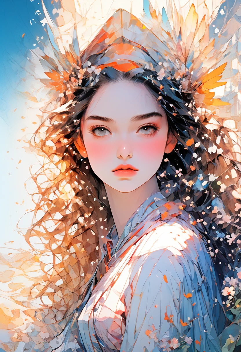 Soft and warm colors, Movie stills,bright, Vivid,dream-like, evocinive use of light and shadow, Incredible beauty, Anime Style, Vibrant, Studio Anime, beautiful, Textured, Ray Tracing, Absurd, Official Art, illustrinion, (((masterpiece))),(((Highest quality))),((Super detailed)), 一人in,flower,leaf,一人in,(One girl:1.2), (Looking_in_Audience:1.2), (Abstract art:1.2),2D,(Very detailed),(colorful),(Intense expression),(fashionable), feinher,