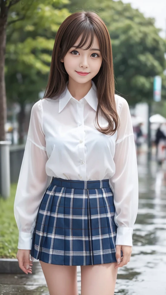 A beautiful Japanese shy girl, age 18 years old, brown hair, brown big eyes, shiny lip, shiny hair, ecstatic expression, wearing front button white blouse, plaid blue mini skirt, in rainy scape, She is standing under the roof, background is very blurry, wearing white socks, A photo showing the whole body,