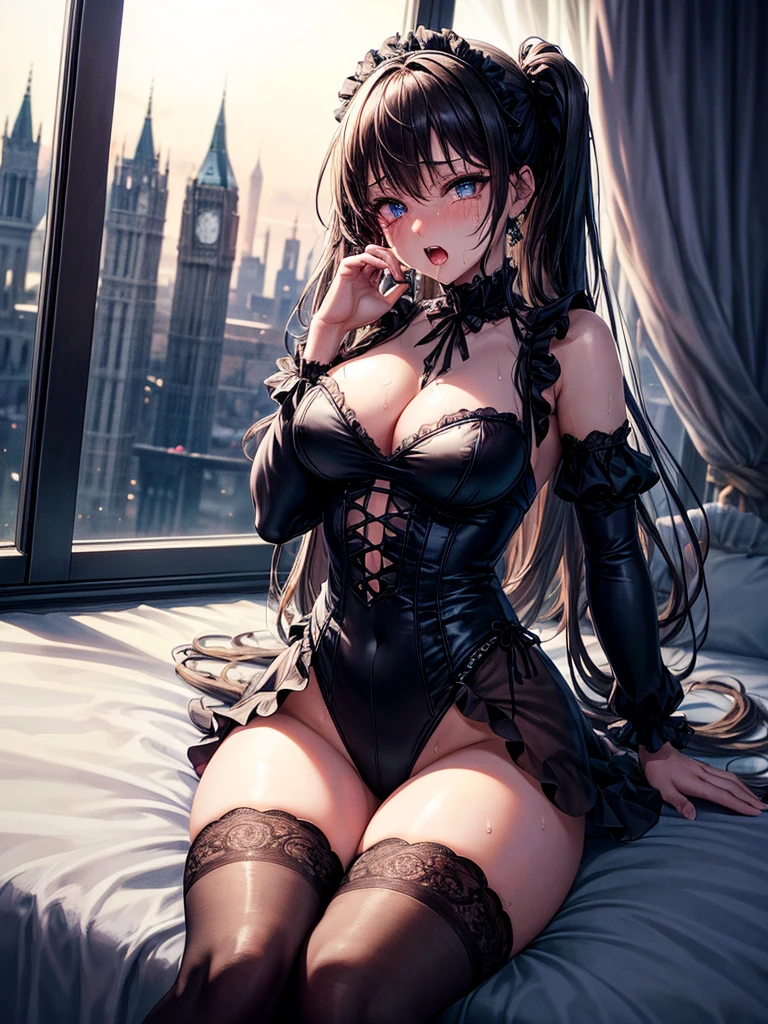 Highest quality,Highest Resolution,A beautiful girl in a gothic leotard with a crying face,Frills,Super High Leg,Very beautiful eyes,Bedroom,Night view outside the window,Knee-high stockings,Drink a drink,Tears,sweat profusely,Open mouth and drip saliva,