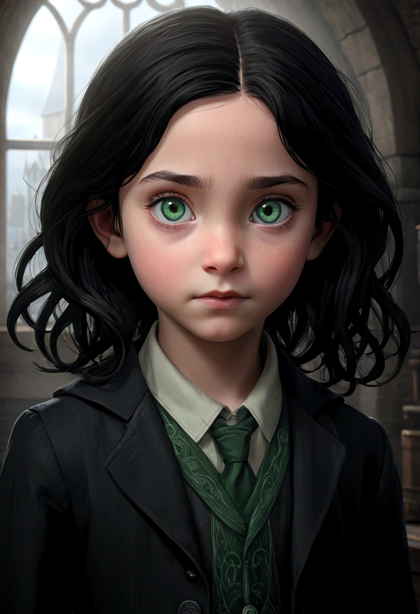 young 9--old ghter of severus snape,((highest quality)),(ultra high resolution),(Super detailed),(detailed description),((best CG)),(best work of art) ,black hair, green eyes,  Eldritch horror as a girl but still creepy