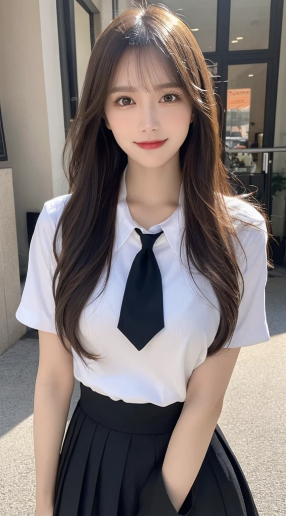 (Detailed skin:1.2),(Shiny skin:1.1),8K,Highest quality, masterpiece, Ultra-high resolution,(Realistic:1.4), RAW Photos,(Soft saturation:1.3),(Fair skin:1.2),Japanese Idols,repair,20 years, Light brown hair, (Long Hairstyles:1.2), Asymmetrical Hair, Asymmetrical bangs (Pretty face:1.4), (Big Breasts, Tight waist), Beautiful lighting, Small Head, (uniform:1.2,),Highly detailed face, Highly detailed lips, fine grain, double eyelid,(Full Body Shot), Browsing Caution, (Sharp focus: 1.2), (Perfect Anatomy、Beautiful woman with perfect figure: 1.2)、Random sexy poses,Accentuate the lines of your legs、smile
