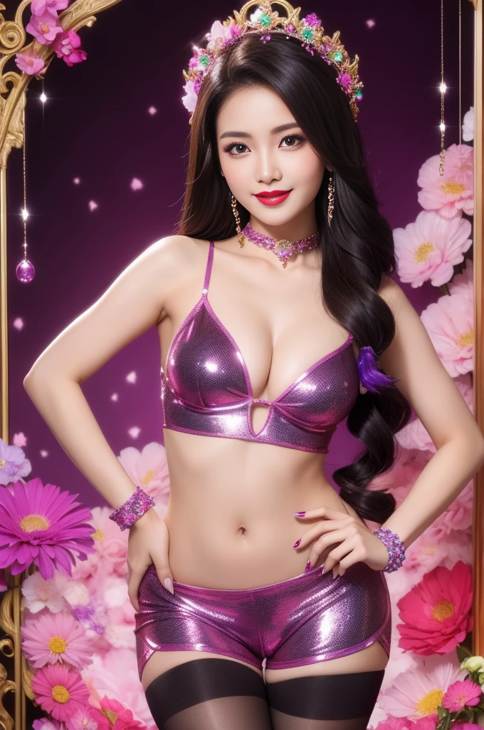 sexy Thai model who controls poison、beautiful smile、lip-gloss、bold lipstick、intense makeup、look at the camera、full body Esbian、、sparkling poisoned flower costume、、、、sparkling Colorful hair、secrete poison、skull hair accessories、sexy tights、shiny sparkling flowers background