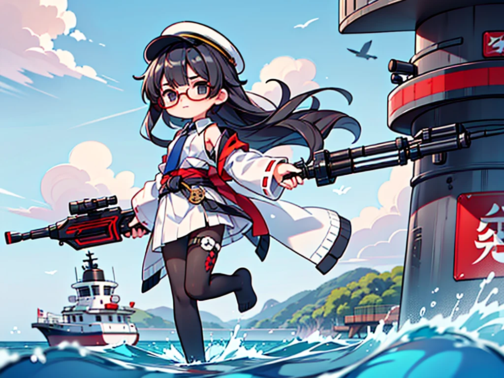 (((masterpiece, Vision))), ((((Full body of a woman with perfect flat chest、1 Female、solo、Short unkempt black hair、Tie your messy hair at the nape of your neck、white military jacket、Miko costume、black tights、Black glasses、White military cap、Cloudy black eyes、Confused eyes、Junyo-inspired emblem)))), (((Shipgirl))), ((Floating on the morning sea with both feet)), (Standing with your legs apart)), Aim, (Hold the shotgun turret grip with your right hand), (Equipped with a large caliber turret with a mechanical arm extending from the waist), (Equipped with a turret on the back), (His left arm holds the grip of a triple machine gun), Shotgun shell in left arm, Bullet belt on thigh, Spreading the Machine's Wings, 2. Machine Tail, Naval base in the background,