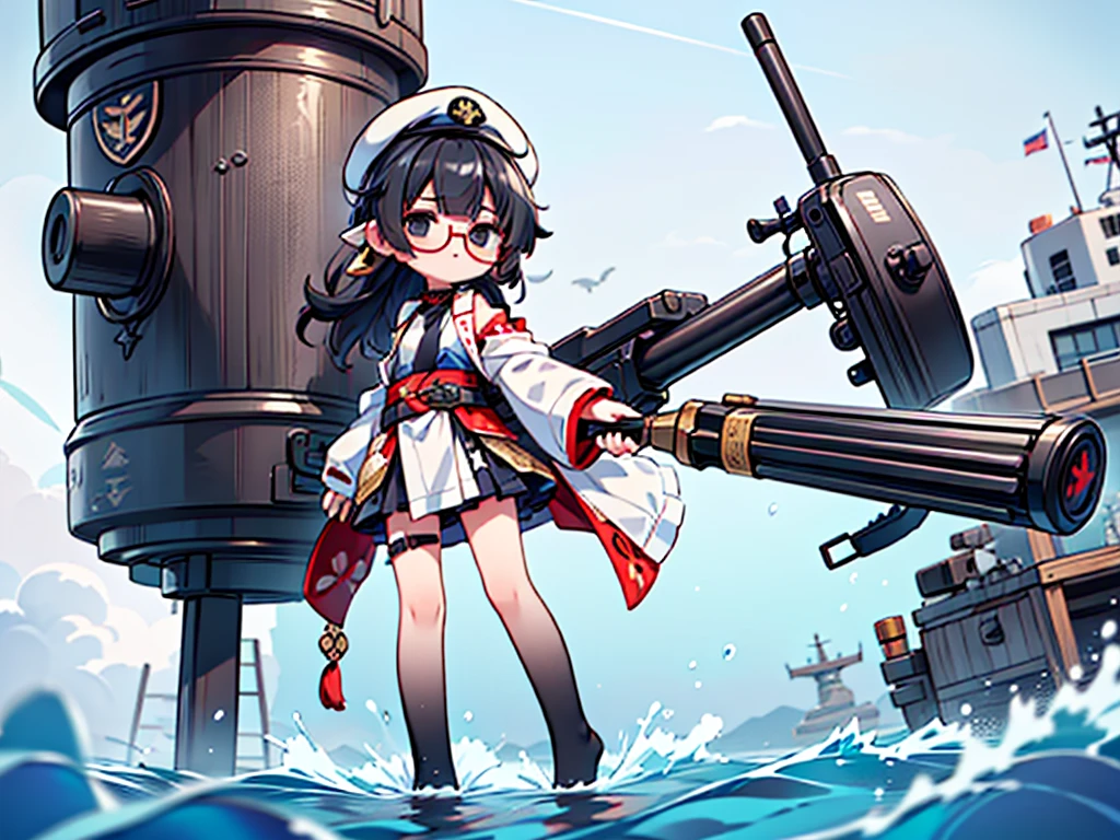 (((masterpiece, Vision))), ((((Full body of a woman with perfect flat chest、1 Female、solo、Short unkempt black hair、Tie your messy hair at the nape of your neck、white military jacket、Miko costume、black tights、Black glasses、White military cap、Cloudy black eyes、Confused eyes、Junyo-inspired emblem)))), (((Shipgirl))), ((Floating on the morning sea with both feet)), (Standing with your legs apart)), Aim, (Hold the shotgun turret grip with your right hand), (Equipped with a large caliber turret with a mechanical arm extending from the waist), (Equipped with a turret on the back), (His left arm holds the grip of a triple machine gun), Shotgun shell in left arm, Bullet belt on thigh, Spreading the Machine&#39;s Wings, 2. Machine Tail, Naval base in the background, 