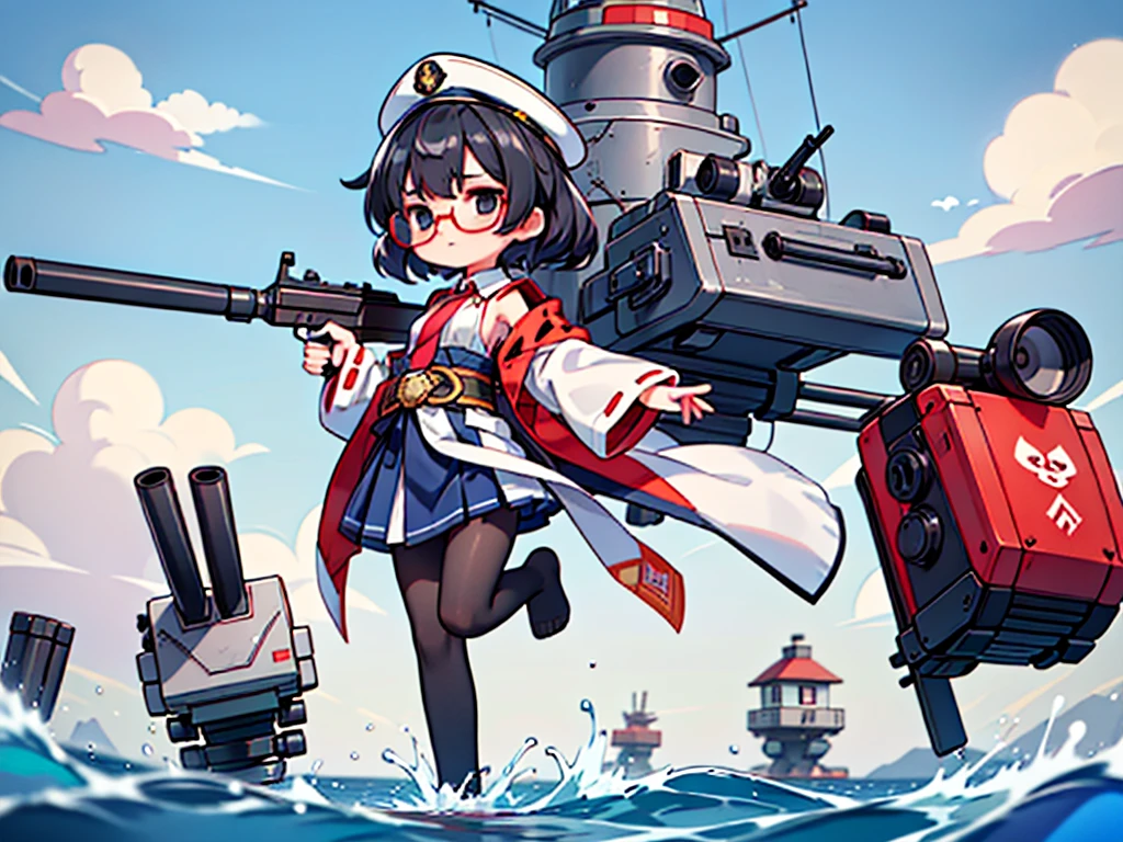 (((masterpiece, Vision))), ((((Full body of a woman with perfect flat chest、1 Female、solo、Short unkempt black hair、Tie your messy hair at the nape of your neck、white military jacket、Miko costume、black tights、Black glasses、White military cap、Cloudy black eyes、Confused eyes、Junyo-inspired emblem)))), (((Shipgirl))), ((Floating on the morning sea with both feet)), (Standing with your legs apart)), Aim, (Hold the shotgun turret grip with your right hand), (Equipped with a large caliber turret with a mechanical arm extending from the waist), (Equipped with a turret on the back), (His left arm holds the grip of a triple machine gun), Shotgun shell in left arm, Bullet belt on thigh, Spreading the Machine&#39;s Wings, 2. Machine Tail, Naval base in the background, 