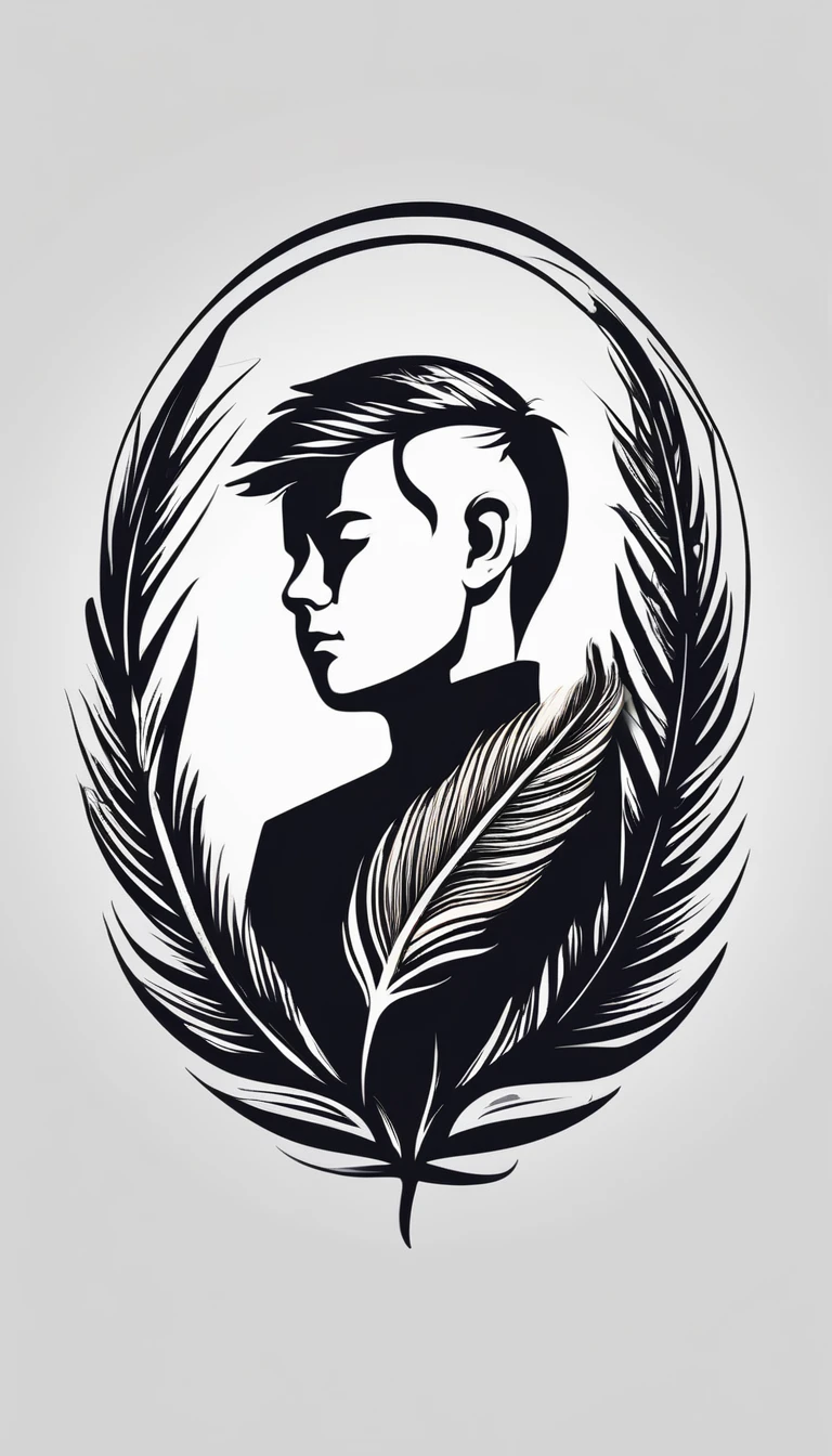 Create a minimal, modern, simple, inspirational, memorable, dream like logo design of a boy and a feather for the brand “Penamemoria".