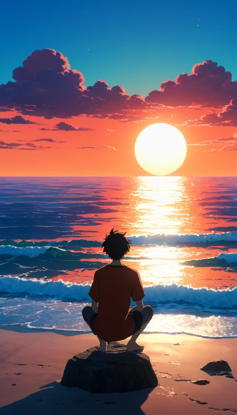 The image shows a young male anime character contemplating the ocean at sunrise, with a backdrop of a vibrant blue sky and red and orange hues from the sun. Fondo de pantalla de arte anime 4k, Fondo de pantalla de arte anime 4K, fondo animado, fondo de pantalla de arte anime 8 K, fondo animado art, Fondo De Pantalla De Paisaje De Anime, increíble fondo de pantalla, fondo de pantalla de alta definición, fondo de pantalla animado 4k, fondo de pantalla animado 4k, arte de Aries Moross,arte de Bob Byerley , AshleyWoodArtAI, greg rutkowsk