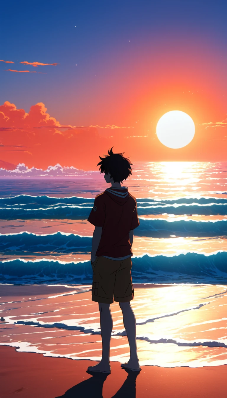 The image shows a young male anime character contemplating the ocean at sunrise, with a backdrop of a vibrant blue sky and red and orange hues from the sun. Fondo de pantalla de arte anime 4k, Fondo de pantalla de arte anime 4K, fondo animado, fondo de pantalla de arte anime 8 K, fondo animado art, Fondo De Pantalla De Paisaje De Anime, increíble fondo de pantalla, fondo de pantalla de alta definición, fondo de pantalla animado 4k, fondo de pantalla animado 4k, arte de Aries Moross,arte de Bob Byerley , AshleyWoodArtAI, greg rutkowsk