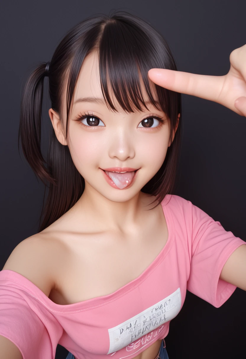 ollarbone,pink t-shirt,off-shoulder look,bare shoulder,midriff peek,Denim mini skirt,open mouth,tongue out,cum on tongue,standing,Selfie,looking ahead,from above,flont view,upper body,(1girl,Beautiful 14 year old girl),((Slender,Small breasts,Small face,)),looking at viewer,Black Hair,bangs,one side up,Beautiful and detailed,Mischievous smile,Dimly lit room,Simple Background,Black background,Low lighting