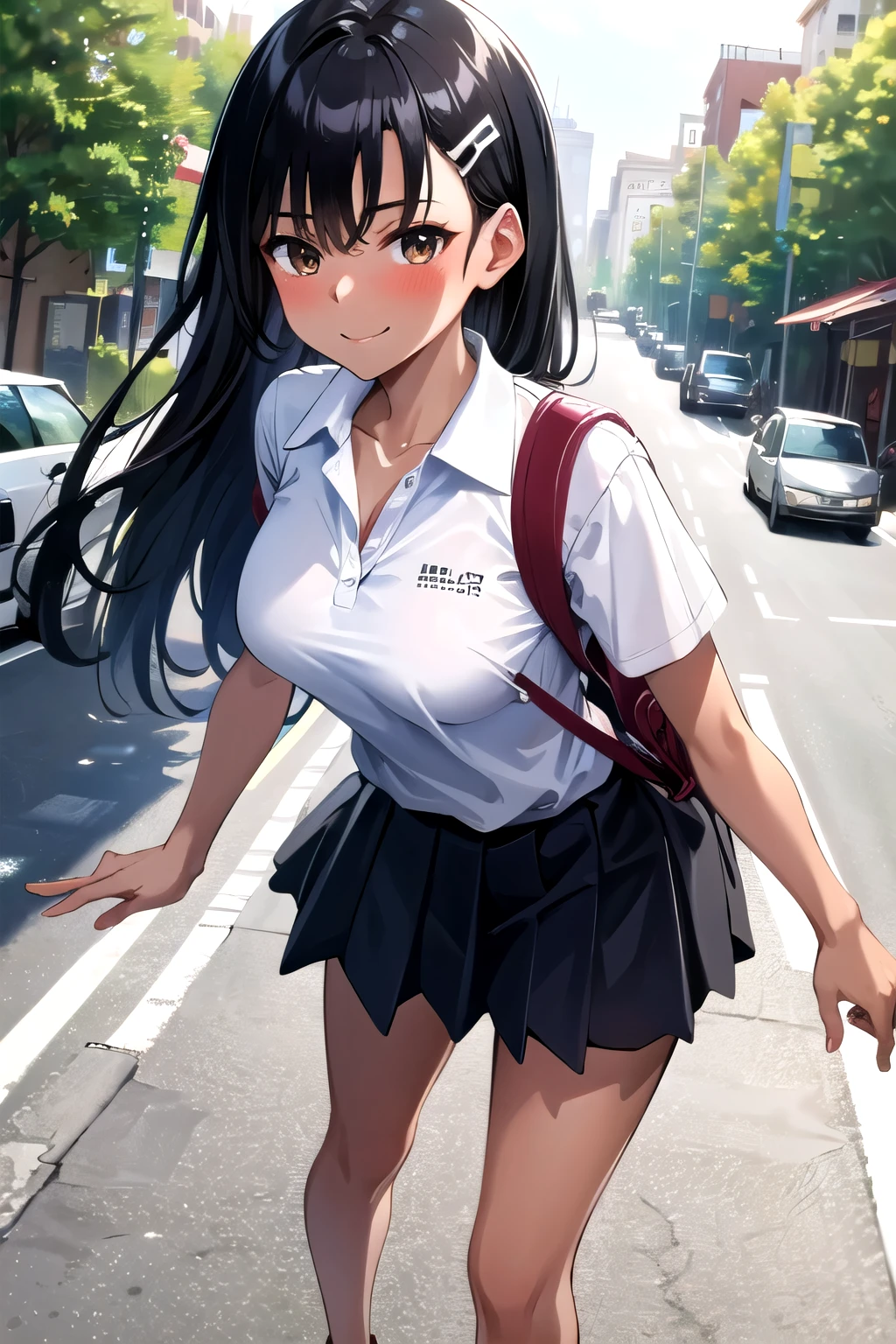 (best quality)), ((masterpiece)), (details), one girl, sexy ((best quality)), ((masterpiece)), (details), one girl, sexy ((best quality)), ((masterpiece)), (details), one girl, full body, sexy expensive body, expensive, long legs, mature woman, mature, adult, it_nagatoro_main, Nagatoro Hayase, one girl, blushing, alone, uniform polo shirt, black hair, bag, brown eyes, hair accessory, looking at viewer, hair clip, outdoors, backpack, smiling, long hair, dark skinned woman, dark skin, , bangs, daytime, skirt, collared shirt, collarbone, ear clip, mouth closed, tree, asymmetrical bangs, upper body