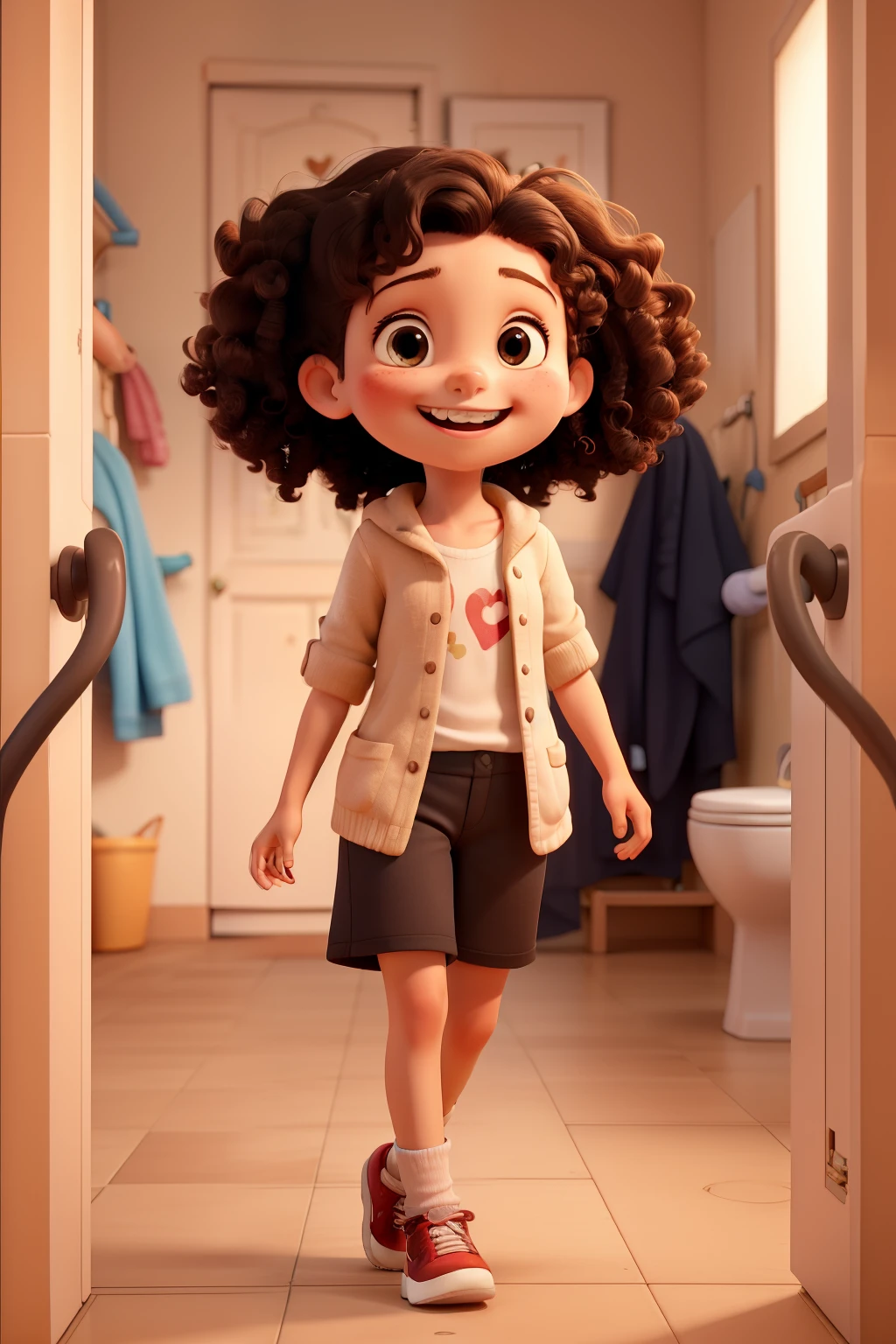 Draw Jurema, a light brunette, a 5-year-old  with curly hair with a wide smile, confidently heading to the bathroom. She is feeling happy and relieved. Next to it, a heart symbolizing your health and happiness.