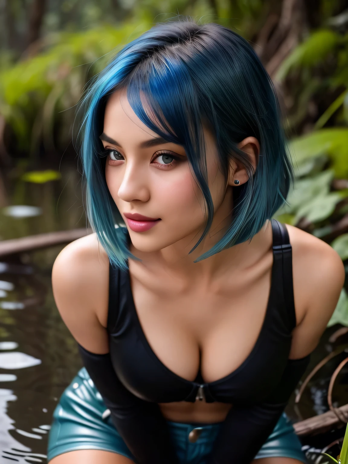 (blue hair:1.4), short hair, realistic green eyes, cobalt hair, long bob hair, tousled hair, shoulder length hair, Full body, woman with white skin and Asian features, 24 year old, big breast. She has a small, elegant nose with a slight upward curve at the tip. Her lips are full and naturally pink, with a well-defined Cupid's bow. Her teeth are straight and white, enhancing her captivating smile. Her face has an oval shape with high cheekbones that add to her model-like appearance. (crack), detailed (texture!, shine, color!!, flaws: 1.1), highly detailed glowing eyes, (looking at camera), specular light, dslr, extreme quality, crystal clear, cute face, detailed skin pores, oil Dark skin, brown, complex eye details, she is far from the camera, A full-body portrait, captured from a distance. Dynamic Frame, 8K, Best Quality, Realistic, full body Realism, beautiful hairstyle, Dynamic Frame, deep forest, natta, (Pitch darkness:1.2), Afflicted by lust, (Drowning in a swamp:1.2), Noticeably, frankly, Emotional stress, Sweaty, flushed, leather shorts, leather jacket, Sensual lips, His eyes widened, (Standingn, Erotic wriggle:1.2), I tremble with anticipation, (short hair:1.2)