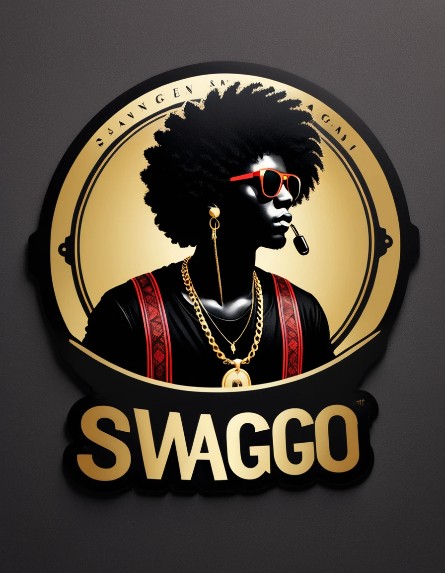 creative logo illustration sticker style of a black silhouette ( half bady ) with afro hair, red bandana, golden headphone and golden sunglasses, golden chaine and shiny hand clock, (only three colors, black, golden, red) digital art work featuring the word ( SWAGG ) by dan mumford, carne griffith, alex janvier, high definition, negative space, set on a bright background, tshirts design