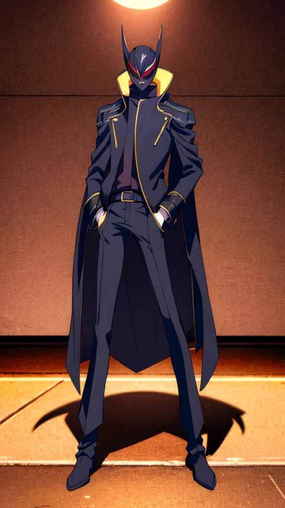 Male, teenager, vigilante, wearing dark clothes, a military coat, and a mask, athletic build, hands in pockets, standing at attention, nighttime setting, lone figure, head facing viewer, fully in frame, full body shot, Code Geass style, codeGeass, CODEGEASS