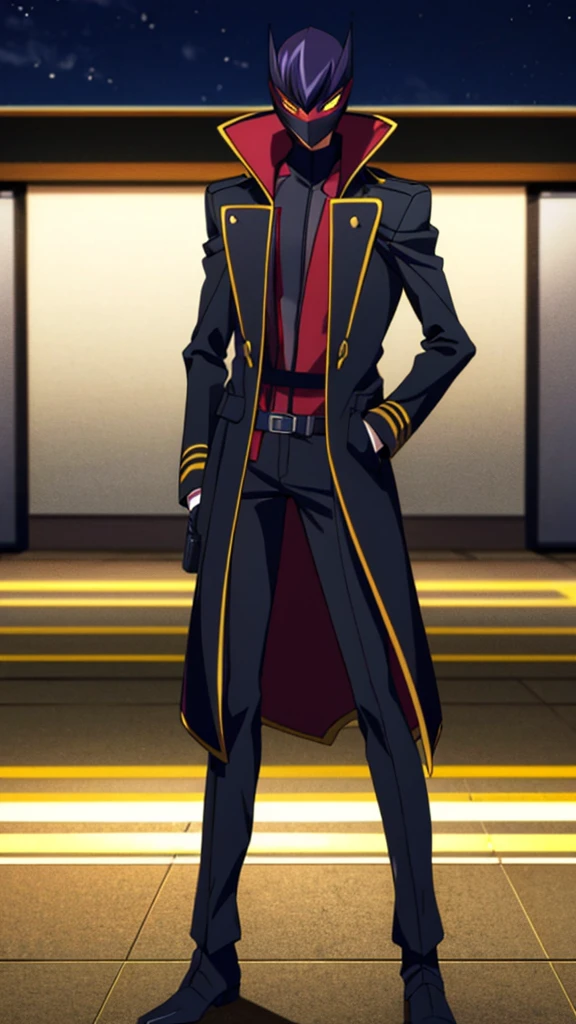 Male, teenager, vigilante, wearing dark clothes, a military coat, and a mask, athletic build, hands in pockets, standing at attention, nighttime setting, lone figure, head facing viewer, fully in frame, full body shot, Code Geass style, codeGeass, CODEGEASS