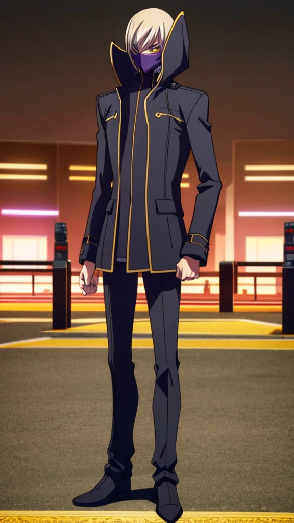 Male, ager, vigilante, wearing dark clothes, a military coat, and a mask, athletic build, hands in pockets, standing at attention, nighttime setting, lone figure, head facing viewer, fully in frame, full body shot, Code Geass style, codeGeass, CODEGEASS