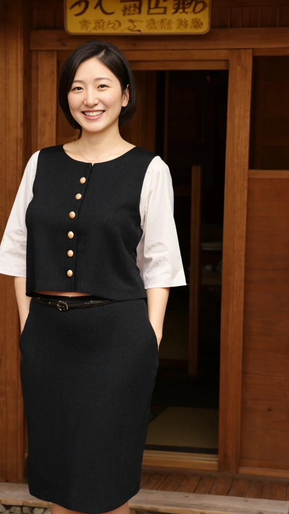 Portraiture、8K、high quality、Realistic Photographic Images、39 years old、Japanese women、A decent wife、young proprietress of an inn、Natural and realistic eyes、Japanese Stand、、美しいBlack Hair、short hair、short hair、light makeup、Octane Rendering、Beautiful lighting、Golden ratio composition、Laughter、Short sleeveの服、Bright colors、Casual clothing、Short sleeveの旅館の従業員の服装、Short sleeve、mini skirtの服装、mini skirt、Thighs、Very short skirt、Standing at the entrance to a hot spring inn、Ryokan Sandals、Welcome customers、welcome、Hot spring inn entrance background、4K、high resolution、Realistic Photographic Images、Japanese women、Age 35、Pure Japanese humanity、Beautiful wife、Upper Body、Beautiful breasts、Breast enlargement、light makeup、、Pure beauty、Mature Woman、A refreshing smile、Open your mouth、Black Hair、black eye、