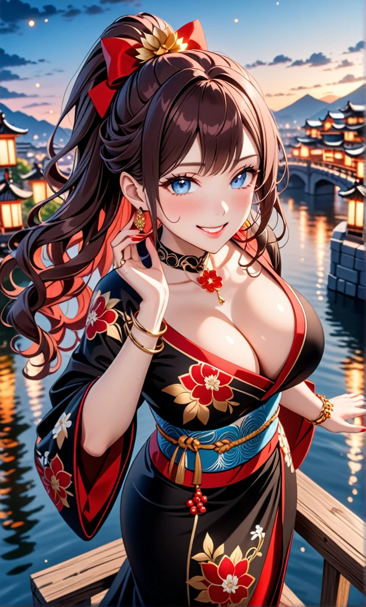 ultra-detailed, ((one girl)), hyper detailed, absurdres, 8K, Beautiful Face, (Laugh shyly), ((teasing smile:1.8)), ((Wink:1.8)), (Laugh with your mouth wide open),(Tilt your head:1.3),(Put your hand over your mouth:1.8), View your viewers, ((Bright red cheeks:1.6)),Glossy Red Lips, ((Big Breasts:1.5)), (valley),night, Large rivers,On Bridge, firework, (Brighten your face), ((Anime style background)),masterpiece, Highest quality, so beautiful,Latest, Complex details, (Pink long nails), (nail art), (ring),(bracelet), (Floral Choker),AI-generated, Complex,High resolution, Highest quality, super high quality,3D Images、3D Images,One person,White long hair,(High Ponytail), (wavy hair:1.3), Anime woman posing for a photo, ((Fine grain、sky blue eyes、glowing eyes:1.4)), (Squint your eyes:1.1),a hyperRealistic , hyperRealistic , Realistic,Anime woman in black kimono, Smooth anime CG art, A girl in a gorgeous kimono with gold embroidery, ((black furisode)),(Red large floral pattern) ,Long flower hair ornament,Floral Earrings,Mature Body, tall,Abdominal muscles,Tight waist, ((learning forword+looking up+from above:1.7))