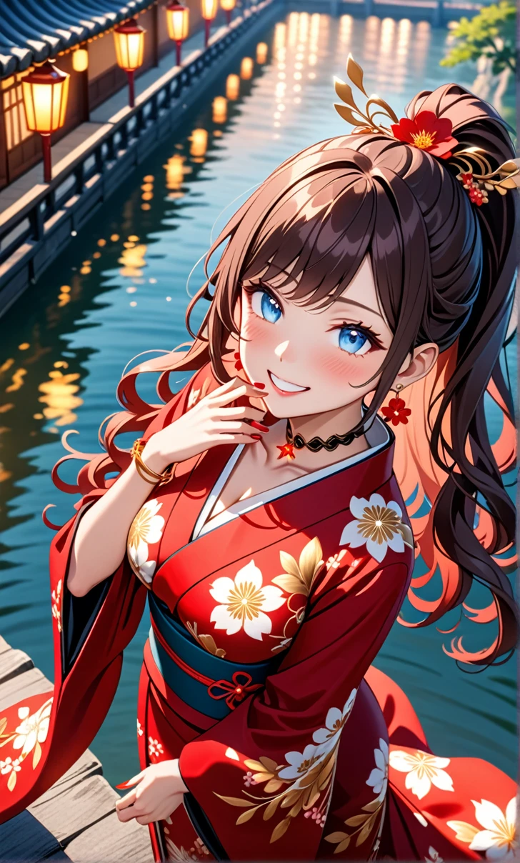 ultra-detailed, ((one girl)), hyper detailed, absurdres, 8K, Beautiful Face, (Laugh shyly), ((teasing smile:1.8)), ((Wink:1.8)), (Laugh with your mouth wide open),(Tilt your head:1.3),(Put your hand over your mouth:1.8), View your viewers, ((Bright red cheeks:1.6)),Glossy Red Lips, ((Big Breasts:1.5)), (valley),night, Large rivers,On Bridge, firework, (Brighten your face), ((Anime style background)),masterpiece, Highest quality, so beautiful,Latest, Complex details, (Pink long nails), (nail art), (ring),(bracelet), (Floral Choker),AI-generated, Complex,High resolution, Highest quality, super high quality,3D Images、3D Images,One person,White long hair,(High Ponytail), (wavy hair:1.3), Anime woman posing for a photo, ((Fine grain、sky blue eyes、glowing eyes:1.4)), (Squint your eyes:1.1),a hyperRealistic , hyperRealistic , Realistic,Anime woman in black kimono, Smooth anime CG art, A girl in a gorgeous kimono with gold embroidery, ((black furisode)),(Red large floral pattern) ,Long flower hair ornament,Floral Earrings,Mature Body, tall,Abdominal muscles,Tight waist, ((learning forword+looking up+from above:1.7))