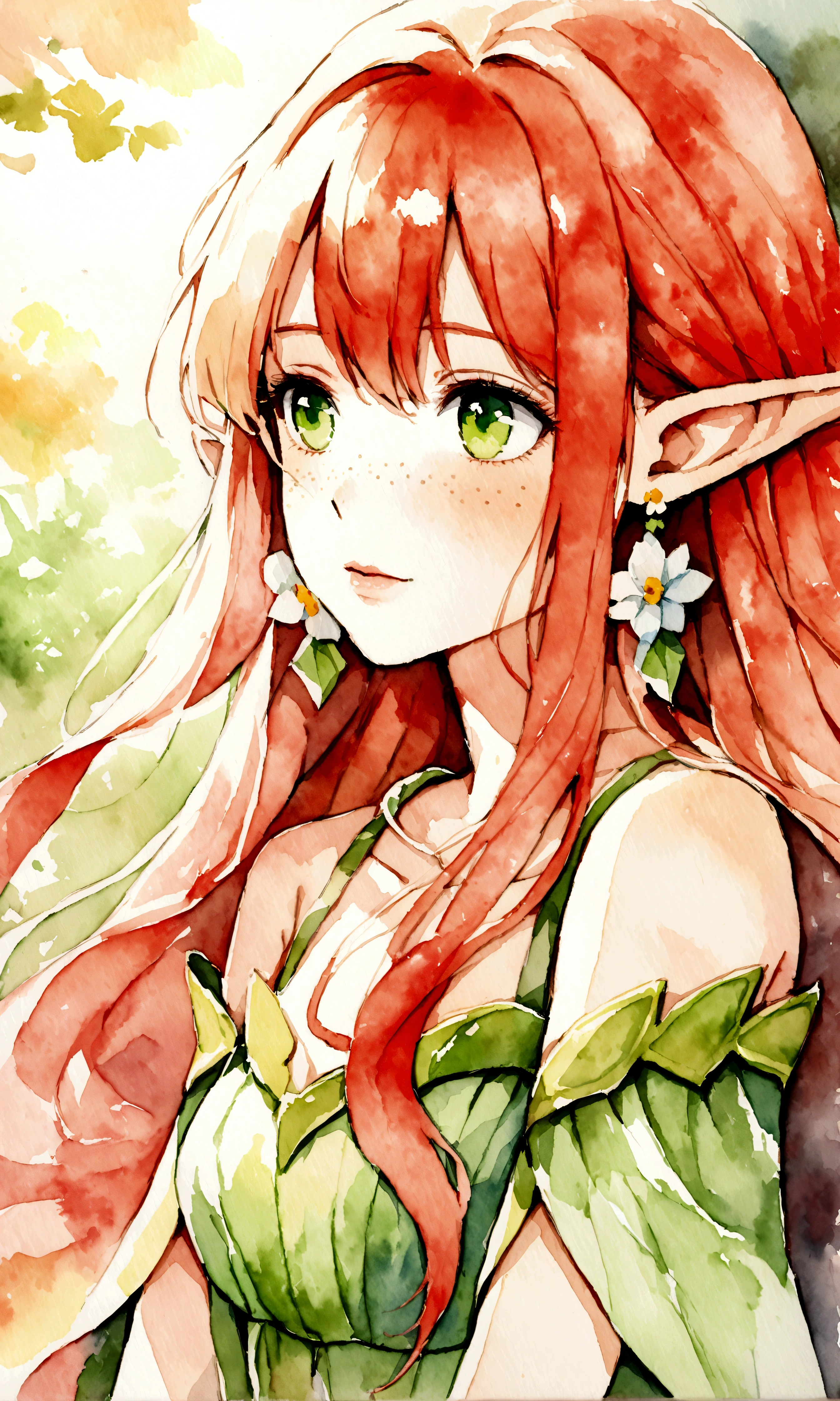 (watercolor: 1.2), elf princess, flower, freckles, bangs, redhead, long hair, green eyes, hair between eyes, flower earrings, blurred background, high resolution