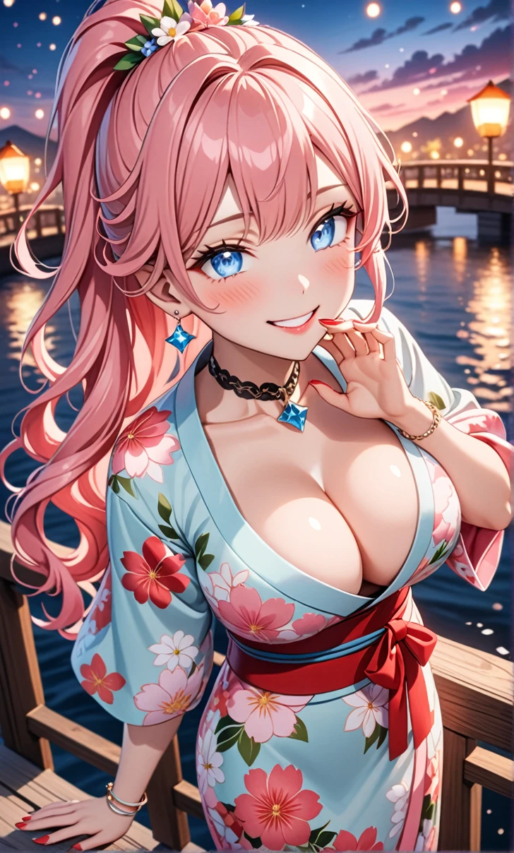ultra-detailed, ((one girl)), in pastel colors girl, hyper detailed, absurdres, 8K, Beautiful Face, (Laugh shyly), ((teasing smile:1.8)), ((Wink:1.8)), (Laugh with your mouth wide open),(Tilt your head:1.3),(Put your hand over your mouth:1.8), View your viewers, ((Bright red cheeks:1.6)),Glossy Red Lips, ((Big Breasts:1.5)), (valley),night, Large rivers,On Bridge, firework, (Brighten your face), ((Anime style background)),masterpiece, Highest quality, so beautiful,Latest, Complex details, (Pink long nails), (nail art), (ring),(bracelet), (Floral Choker),AI-generated, Complex,High resolution, Highest quality, super high quality,3D Images、3D Images,One person,Pastel pink long hair,(High Ponytail), (wavy hair:1.3), Pastel anime woman posing for a photo, ((Fine grain、blue eyes、glowing eyes:1.4)), (Squint your eyes:1.1),a hyperRealistic , hyperRealistic , Realistic,Anime woman with long pastel pink hair, Smooth anime CG art, A girl in a gorgeous pastel-colored kimono, ((Pastel-colored furisode)),(Pink large floral pattern) ,Long flower hair ornament,Floral Earrings,Mature Body, tall,Abdominal muscles,Tight waist, ((learning forword+looking up+from above:1.7))