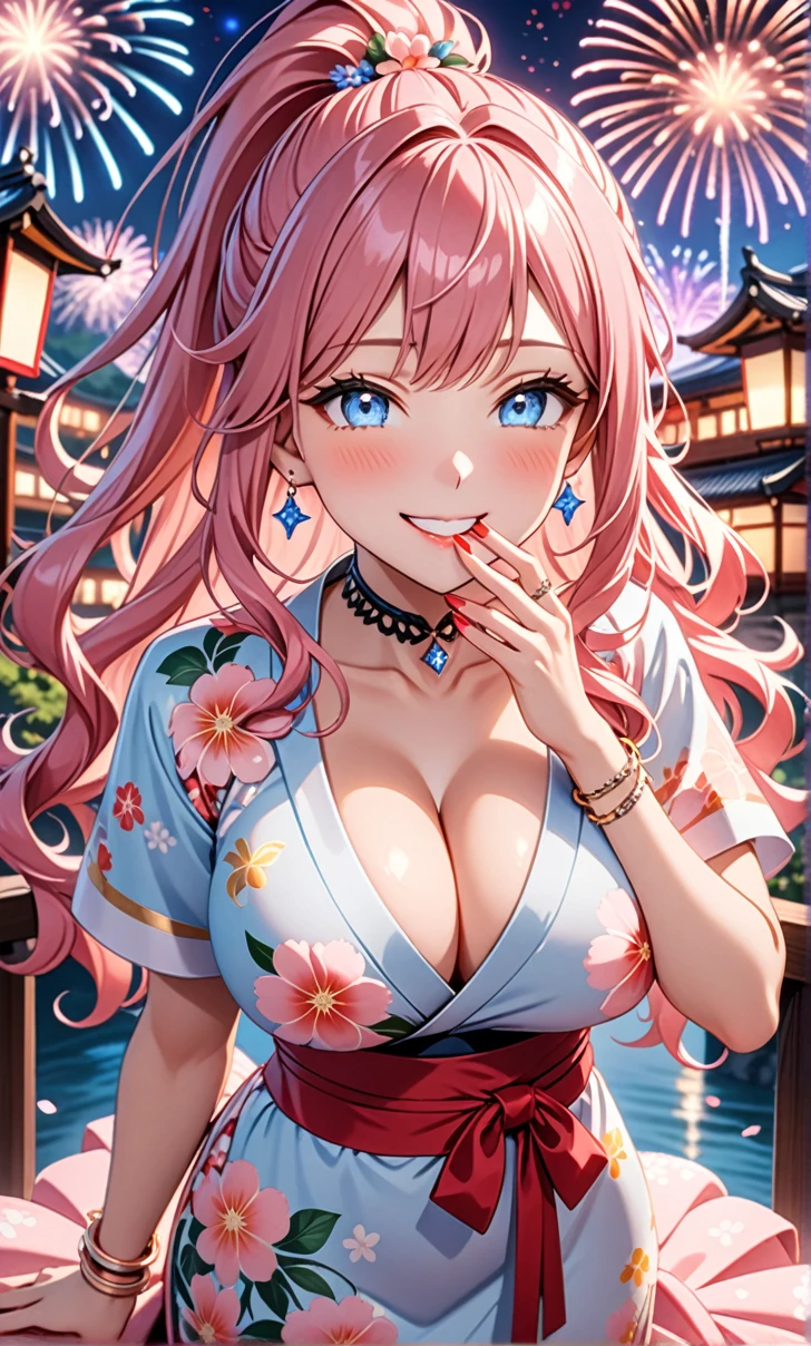 ultra-detailed, ((one girl)), in pastel colors girl,  hyper detailed, absurdres, 8K, Beautiful Face, (Laugh shyly), ((teasing smile:1.8)), ((Wink:1.8)), (Laugh with your mouth wide open),(Tilt your head:1.3),(Put your hand over your mouth:1.8), View your viewers, ((Bright red cheeks:1.6)),Glossy Red Lips, ((Big Breasts:1.5)), (valley),night, Large rivers,On Bridge, firework, (Brighten your face), ((Anime style background)),masterpiece, Highest quality, so beautiful,Latest, Complex details, (Pink long nails), (nail art), (ring),(bracelet), (Floral Choker),AI-generated, Complex,High resolution, Highest quality, super high quality,3D Images、3D Images,One person,Pastel pink long hair,(High Ponytail), (wavy hair:1.3), Pastel anime woman posing for a photo, ((Fine grain、blue eyes、glowing eyes:1.4)), (Squint your eyes:1.1),a hyperRealistic , hyperRealistic , Realistic,Anime woman with long pastel pink hair, Smooth anime CG art, A girl in a gorgeous pastel-colored kimono, ((Pastel-colored furisode)),(Pink large floral pattern) ,Long flower hair ornament,Floral Earrings,Mature Body, tall,Abdominal muscles,Tight waist, ((learning forword+looking up+from above:1.7))