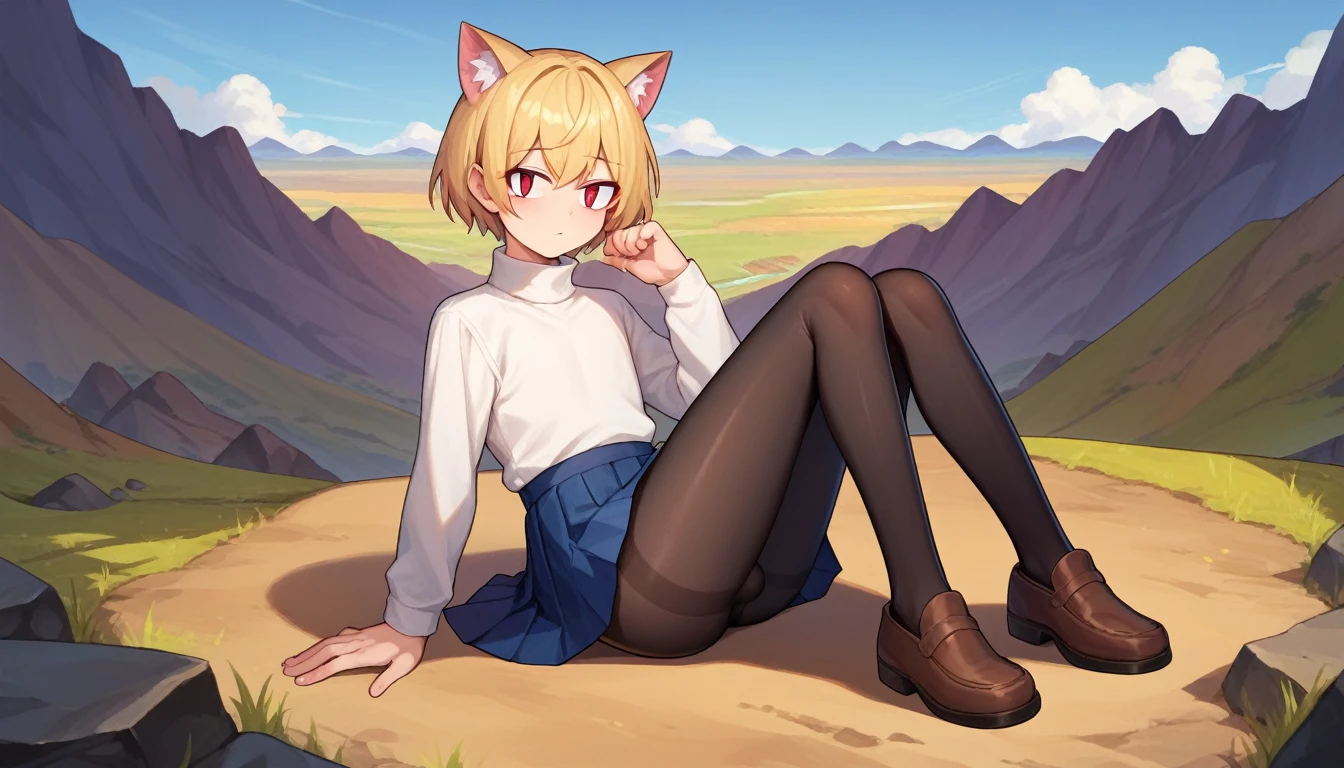 score_9, score_8_up, score_7_up, score_6_up, score_5_up, score_4_up, BREAK, 1boy, solo, necoarc, lit pupils, cat ears, blonde hair, red eyes, :3, turtleneck, blue skirt, pleated skirt, pantyhose, brown footwear, femboy, highlight thighs, landscape, looking at the viewer
