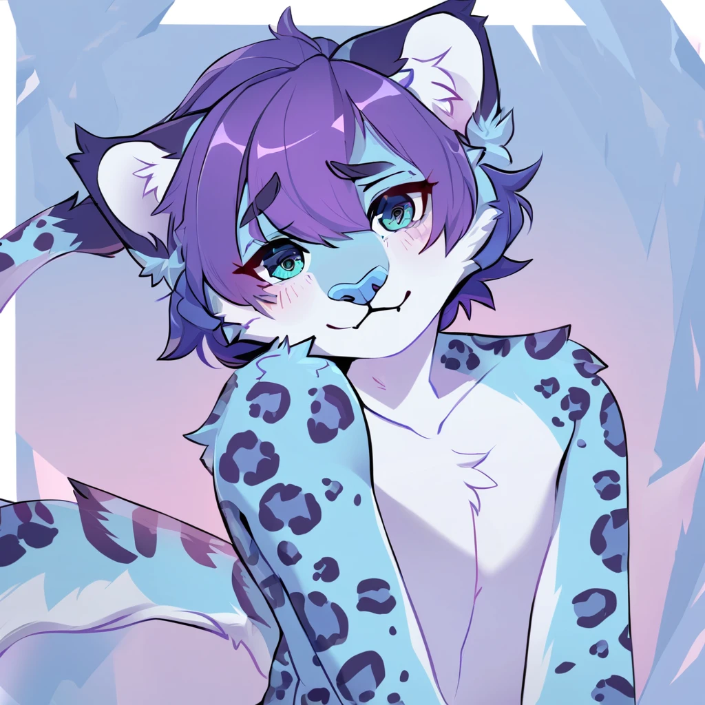 adult, feline, mammal, anthro, anthromorphic, snow, leopard, striped_feline, fur, furred_anthro, fluffy_tail. femboy, male, bangs, ear_tufts, blue_nose, blue_fingers, hair_tuft, hair_between_eyes, short_tail, fluffy, feline_ears, expressive_eyes, purple_hair, light looking_at_viewer, legs, legs_visible, thighs, blue_paws, blue_fur, shy, small_pupils, spotted_pattern, stripes, tail, tail_connected_to_body tiger_stripes, digital_art, high_resolution, high_res, tealblue_background, head visible, neck visible, profile_picture
