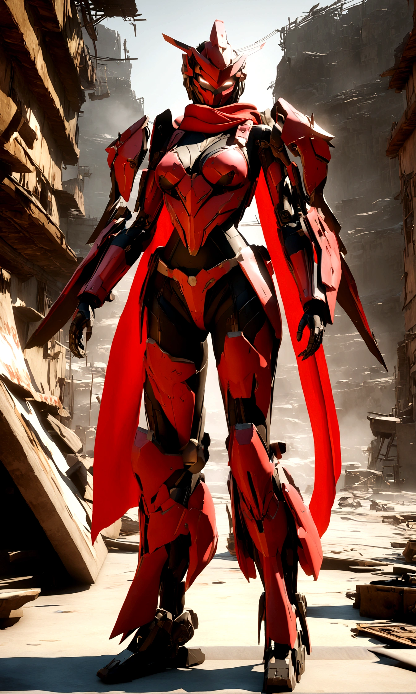 (Female Ninja Cruel Mech: 1.3, Full Body Covered Mech, Heavy AWP on Back, DSLR, Light Tracing, 3D, Concept Art, Action Painting, Film Lighting, Chiaroscuro) :(1.3). Highlighting the curve of the chest, the long white ponytail hair looks graceful and attractive. Masterpiece-like 8K resolution, (Murderous Death and Fear): 0.5, long red scarf fluttering in the wind, war-torn city as a backdrop.