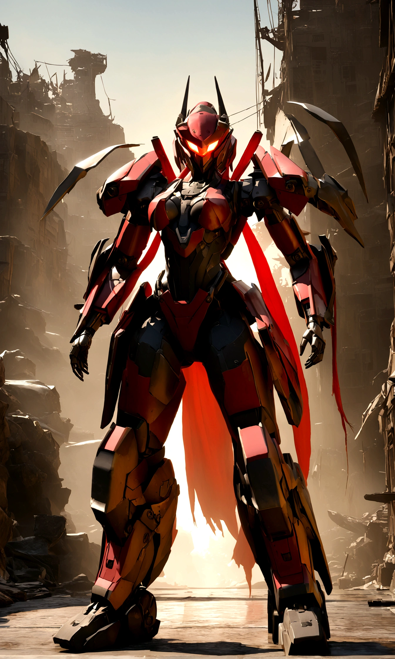 (Female Ninja Cruel Mech: 1.3, Full Body Covered Mech, Heavy AWP on Back, DSLR, Light Tracing, 3D, Concept Art, Action Painting, Film Lighting, Chiaroscuro) :(1.3). Highlighting the curve of the chest, the long white ponytail hair looks graceful and attractive. Masterpiece-like 8K resolution, (Murderous Death and Fear): 0.5, long red scarf fluttering in the wind, war-torn city as a backdrop. 