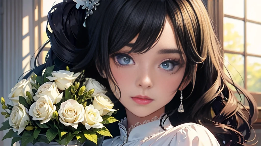 Woman and bouquet,She looked at me with such beautiful and kind eyes..Schneider Pastel Ink Details, Soft and wonderful, fluffy, (Very nice and beautiful), (Perfect detail)、(pastel colour),Soft texture:1.2.(Tabletop, Highest quality), (Beautiful, detailed eyes), (Detailed eyes and face),(Jet black silky hair), The colour is noticeably brighter.A faintly blurred silhouette