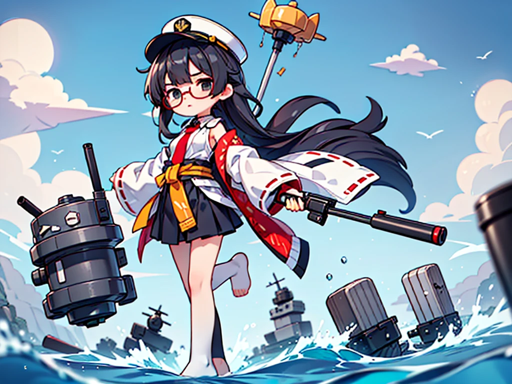 (((masterpiece, Vision))), ((((Full body of a woman with perfect flat chest、1 Female、solo、Short unkempt black hair、Tie your messy hair at the nape of your neck、white military jacket、Miko costume、black tights、Black glasses、White military cap、Cloudy black eyes、Confused eyes、Junyo-inspired emblem)))), (((Shipgirl))), ((Floating on the morning sea with both feet)), (Standing with your legs apart)), Aim, (Hold the shotgun turret grip with your right hand), (Equipped with a large caliber turret with a mechanical arm extending from the waist), (Equipped with a turret on the back), (His left arm holds the grip of a triple machine gun), Shotgun shell in left arm, Bullet belt on thigh, Spreading the Machine's Wings, 2. Machine Tail, Naval base in the background,