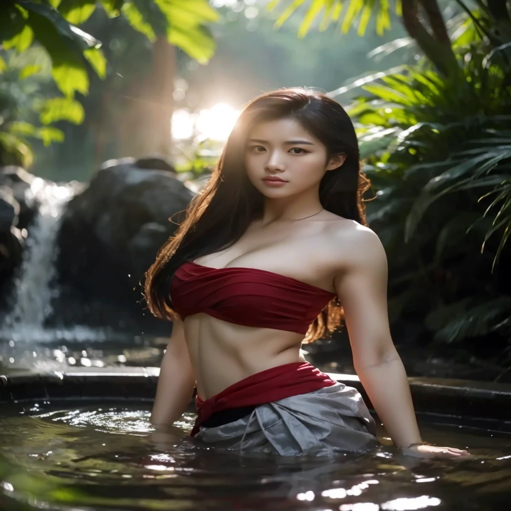 Araffe woman, beautiful,ponytail, long hairลอยปลิวขึ้น,black eyes, ผู้หญิงlong hairชาวเอเชียตะวันออกเฉียงใต้ที่มีใบหน้ากลม, Large chest measures 38 inches., Warm light, morning sun, long hair,black eyes,abdominal muscles, The body is beautiful and strong., rounded chest, (digital painting, HDR, high contrast), 3-D, 8K, 45,000,000 pixcls,Asian girl, Gorgeous Chinese model, Japanese model, beautiful asian woman, Japanese goddess, Very beautiful girl., beautiful young woman, very beautiful woman, Attractive and beautiful, sexy girl, Asian girl, beautiful female model, jaw-dropping beauty, Attractive face and body,realistically,