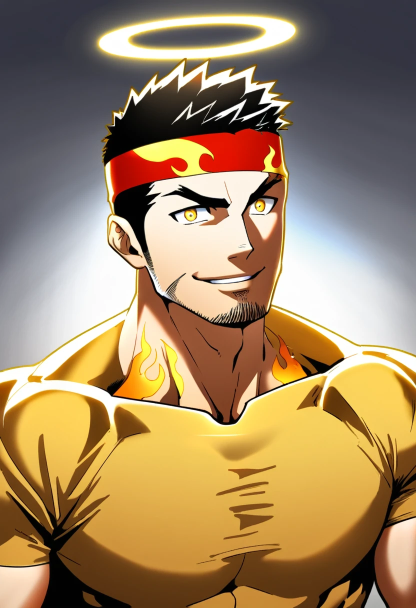 anime characters:Gyee, priapus, ung muscular man, male focus, Flame tattoo, sports Red headband, Dark yellow spandex tight T-shirt, Very tight, Slightly transparent, muscular male, muscular, Round, firm and full chest muscles, only, Upper body, alone, Black short hair, Thick eyebrows, stubble, Yellow eyes, White background, simple background, amazing quality, best aesthetics, Ridiculous, bright pupils, crew cut, naughty face, torogao, parted lips, halo, god rays, best quality