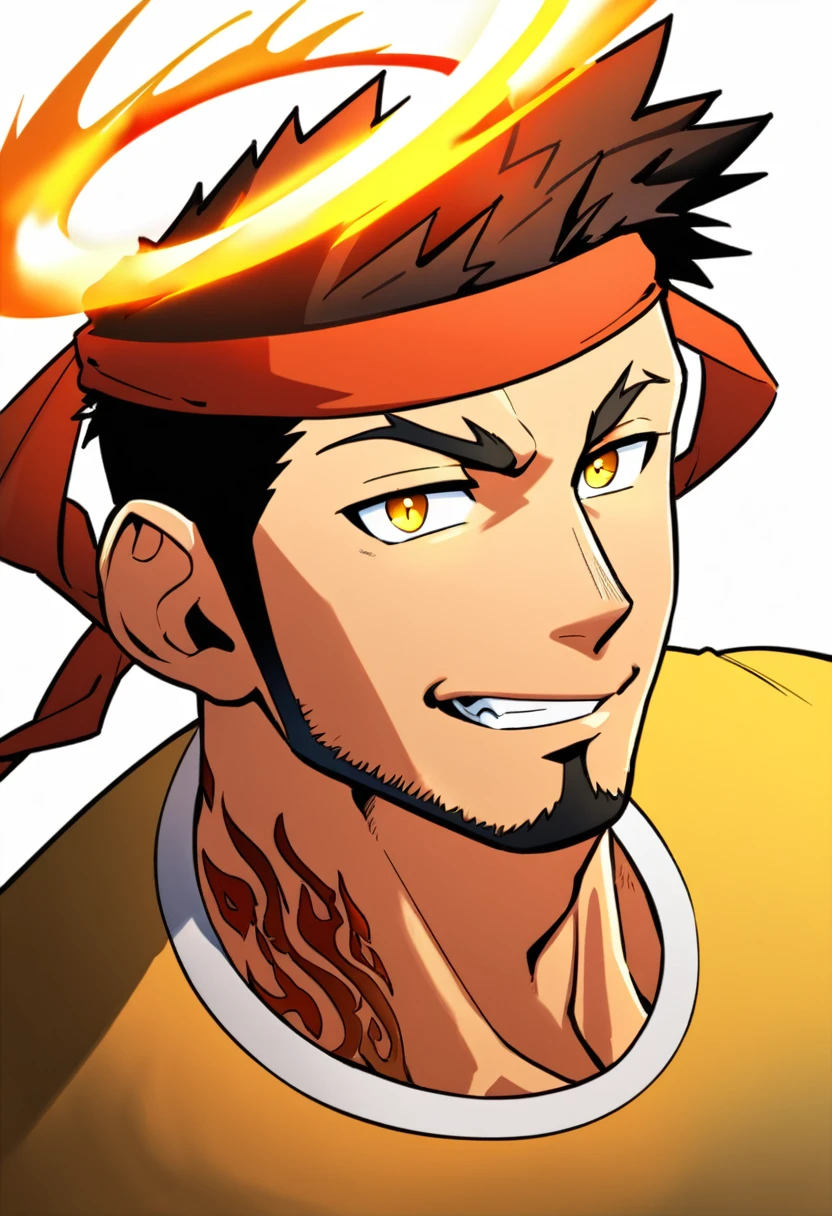 anime characters:Gyee, priapus, 1 young muscular man, male focus, Flame tattoo, sports Red headband, Dark yellow spandex tight T-shirt, Very tight, Slightly transparent, muscular male, muscular, Round, firm and full chest muscles, only, Upper body, alone, Black short hair, Thick eyebrows, stubble, Yellow eyes, White background, simple background, amazing quality, best aesthetics, Ridiculous, bright pupils, crew cut, naughty face, torogao, parted lips, halo, god rays, best quality