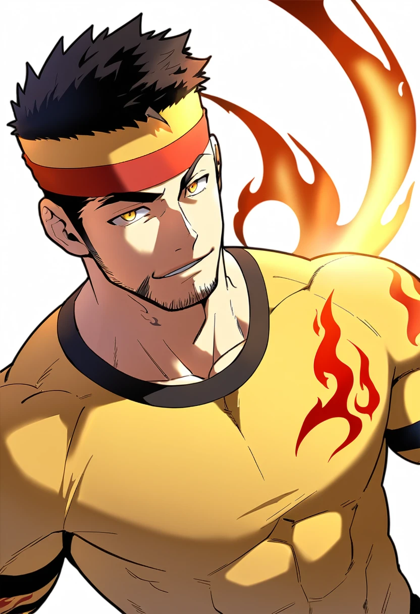 anime characters:Gyee, priapus, 1 young muscular man, male focus, Flame tattoo, sports Red headband, Dark yellow spandex tight T-shirt, Very tight, Slightly transparent, muscular male, muscular, Round, firm and full chest muscles, only, Upper body, alone, Black short hair, Thick eyebrows, stubble, Yellow eyes, White background, simple background, amazing quality, best aesthetics, Ridiculous, bright pupils, crew cut, naughty face, torogao, parted lips, halo, god rays, best quality