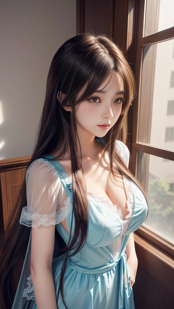 Anime girl with long hair standing in front of the window, Enchanting anime girl, Anime Girl Portrait, Smooth anime CG art, Beautiful breasts, Fascinating Cleavage, Beautiful Anime Girls, Detailed digital anime art, Attractive anime girl, (sheer garment:1.3), Painted in an anime artist&#39;s studio, Beautiful anime portraits, [ 4k digital art ]!!, Realistic anime art style, Anime Style 4k, Cute Anime Girl, Digital anime illustration, (Detailed eyes and face:1.3, Professional photography techniques), (Highest quality, 8K, masterpiece:1.2, RAW Photos), (Gaze at the viewer, A wistful look:1.3, blush), (Photorealism:1.4), (Detailed hands), ((A beautiful girl, :1.2, Idol Face)), (((Bra is visible through:1.1)))