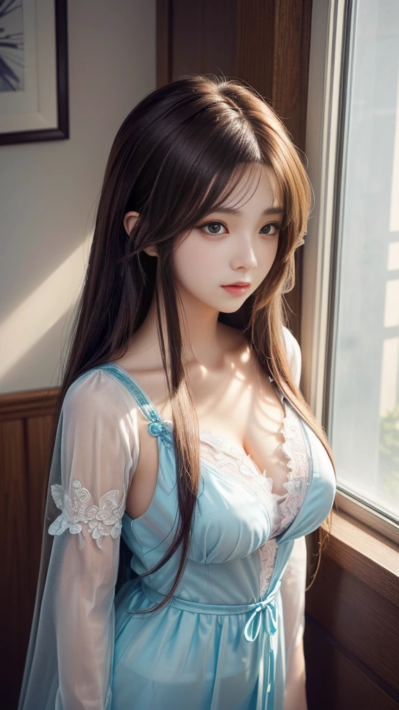 Anime girl with long hair standing in front of the window, Enchanting anime girl, Anime Girl Portrait, Smooth anime CG art, Beautiful breasts, Fascinating Cleavage, Beautiful Anime Girls, Detailed digital anime art, Attractive anime girl, (sheer garment:1.3), Painted in an anime artist&#39;s studio, Beautiful anime portraits, [ 4k digital art ]!!, Realistic anime art style, Anime Style 4k, Cute Anime Girl, Digital anime illustration, (Detailed eyes and face:1.3, Professional photography techniques), (Highest quality, 8K, masterpiece:1.2, RAW Photos), (Gaze at the viewer, A wistful look:1.3, blush), (Photorealism:1.4), (Detailed hands), ((A beautiful girl, :1.2, Idol Face)), (((Bra is visible through:1.1)))