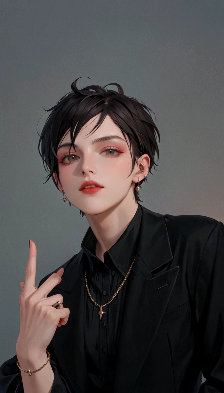 there is a woman with a piercing on her face making a peace sign, androgynous person, androgynous, androgynous face, portrait androgynous girl, androginy, androgynous male, beautiful androgynous girl, delicate androgynous prince, attractive androgynous humanoid, androgynous vampire, an epic non-binary model