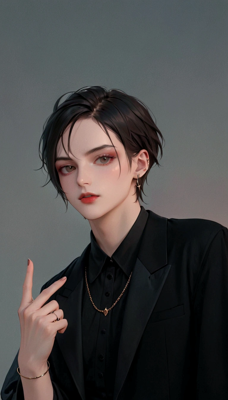 there is a woman with a piercing on her face making a peace sign, androgynous person, androgynous, androgynous face, portrait androgynous girl, androginy, androgynous male, beautiful androgynous girl, delicate androgynous prince, attractive androgynous humanoid, androgynous vampire, an epic non-binary model