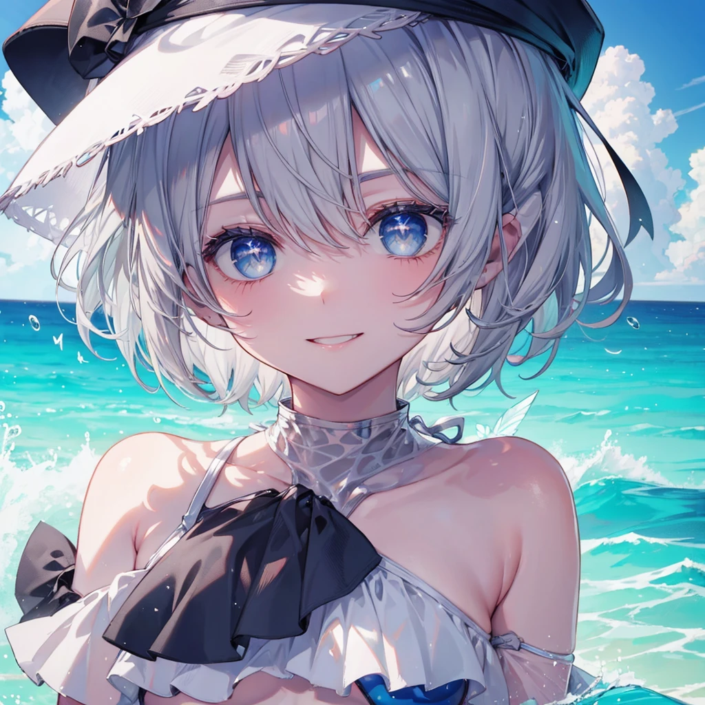 ((((Fluttering swimsuit　Ocean))))　(((Gray Hair　short hair　blue eyes　woman)))，((Splash　sun　cloud))，(Wearing a hat　black　smile)，　Showing teeth　Shining Background　Shining Edges
