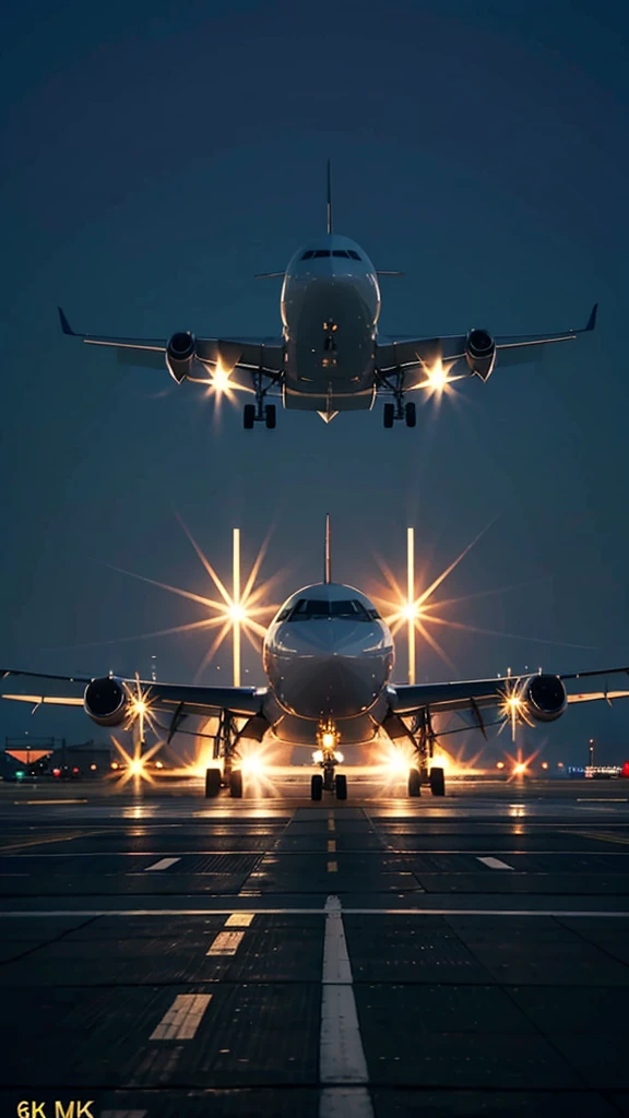 A plane is about to take off on the runway at the airport at night.,airport lighting,4k high detail images,8K ,realistically