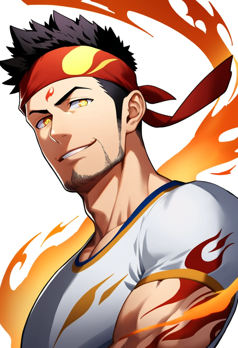 anime characters:Gyee, priapus, 1 young muscular man, male focus, Flame tattoo, sports Red headband, Creamy white spandex tight T-shirt, muscular male, muscular, only, Upper body, alone, Black short hair, stubble, Yellow eyes, White background, simple background, amazing quality, best aesthetics, Ridiculous, bright pupils, crew cut, naughty face, torogao, parted lips, best quality