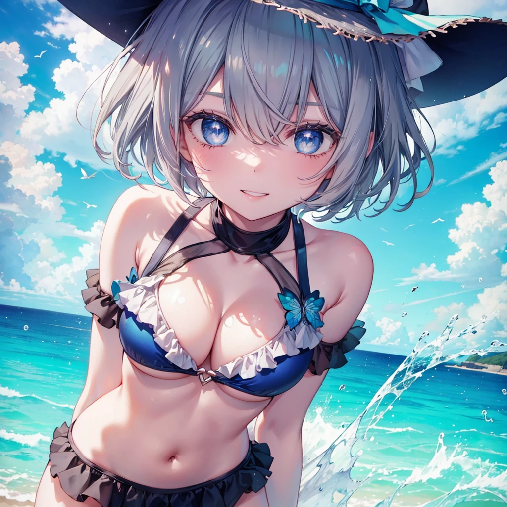 ((((Fluttering swimsuit　Ocean))))　(((Gray Hair　short hair　blue eyes　woman)))，((Splash　sun　cloud))，(Wearing a hat　black　smile)，　Showing teeth　Shining Background　Shining Edges
