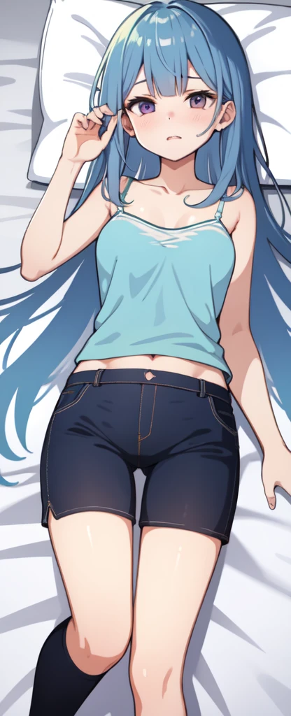 ((Highest quality)), ((masterpiece)), (detailed), futon、morning、Waking up、On the bed、Underwear visible、camisole、Embarrassed face、Pants are T-backs、