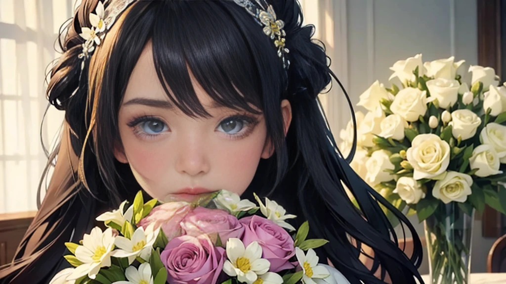 Woman and bouquet，She looked at me with such beautiful and kind eyes..Schneider Pastel Ink Details, Soft and wonderful, fluffy, (Very nice and beautiful), (Perfect detail)、(pastel colour),Soft texture:1.2.(Tabletop, Highest quality), (Beautiful, detailed eyes), (Detailed eyes and face),（Jet black silky hair), The colour is noticeably brighter.A faintly blurred silhouette