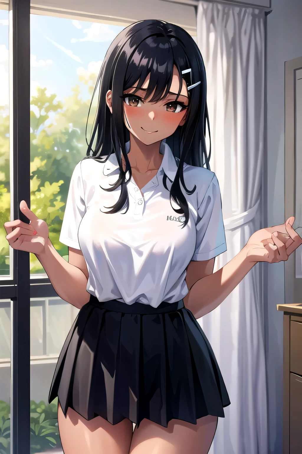((best quality)), ((masterpiece)), (details), one girl, sexy ((best quality)), ((masterpiece)), (details), one girl, sexy ((best quality)), ((masterpiece)), (details), one girl, full body, sexy expensive body, expensive, long legs, mature woman, mature, adult, it_nagatoro_main, Nagatoro Hayase, one girl, blushing, alone, uniform white polo shirt, black hair, brown eyes, hair accessory, looking at viewer, hair clip, smiling, long hair, dark skinned woman, dark skin, , bangs, daytime, skirt, collared shirt, collarbone, ear clip, mouth closed, tree, asymmetrical bangs, upper body
